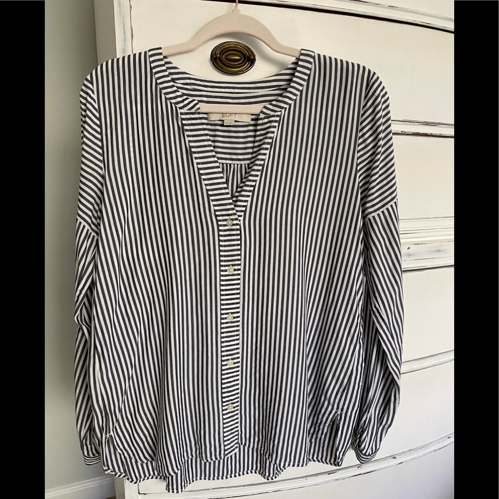 Blue/Grey and White Striped Long Sleeve Blouse